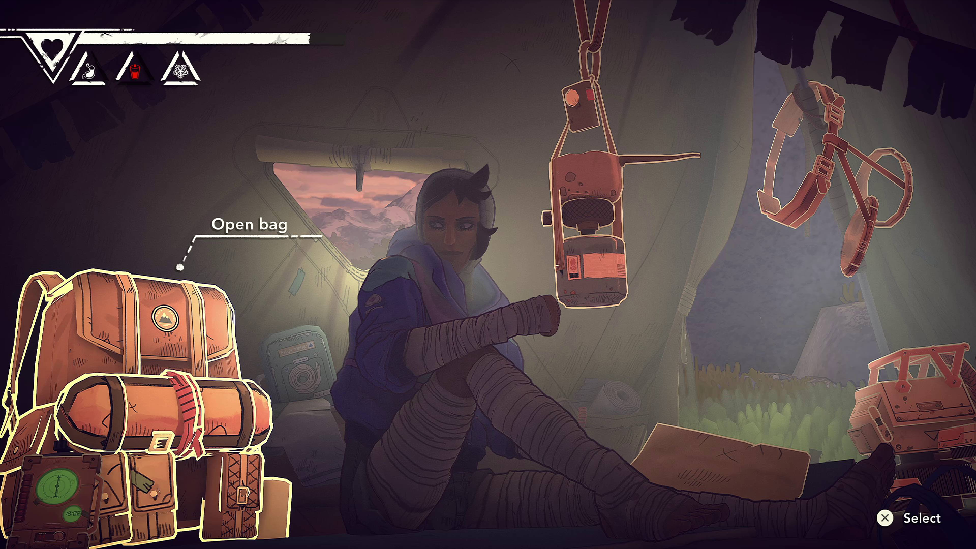 Cairn protagonist Aava sits in a dim tent next to her brown backpack