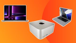 The best mac for video editing lead image, A MacBook Pro 14 M2, a Mac Studio and a MacBook Pro 16 on an orange background