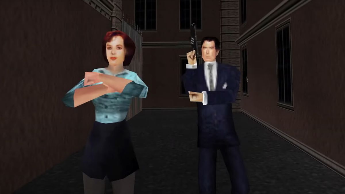 Natalya and James Bond standing in an alleyway in Goldeneye 007.