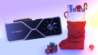 An Nvidia RTX 3080 GPU beside a Christmas stocking