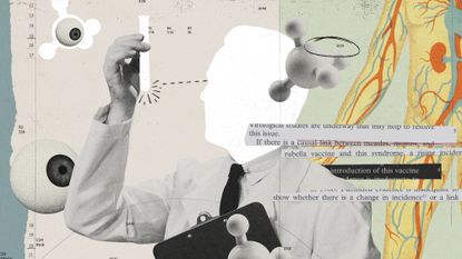 Composite illustration of a scientist, physiological diagrams and a vaccine skeptical paper