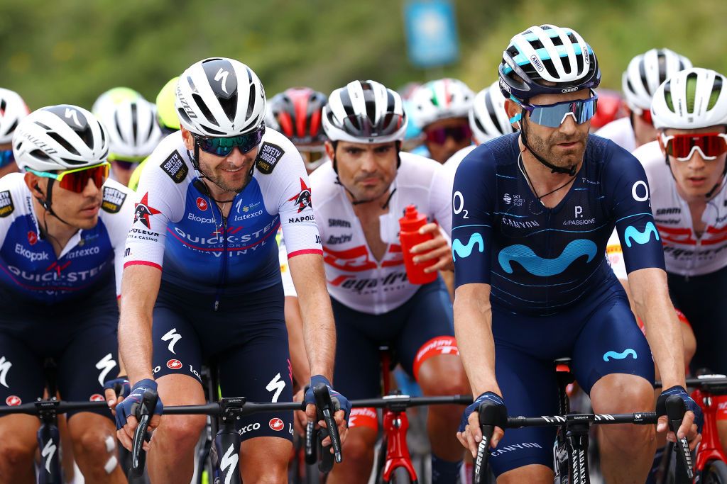 MESSINA ITALY MAY 11 LR Pieter Serry of Belgium and Team QuickStep Alpha Vinyl and Jose Joaquin Rojas Gil of Spain and Movistar Team compete during the 105th Giro dItalia 2022 Stage 5 a 174km stage from Catania to Messina Giro WorldTour on May 11 2022 in Messina Italy Photo by Michael SteeleGetty Images