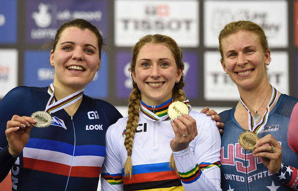 Laurie Berthon, Laura Trott and Sarah Hammer on the Omnium podium