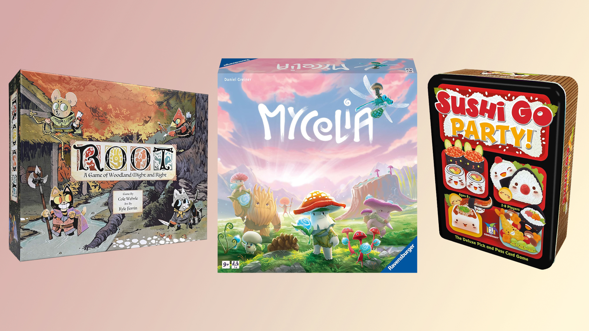 Board games Root, Mycelia and Sushi Go party