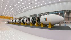 Skyroot Aerospace's Vikram-1 rocket is seen inside the company's Infinity Campus in Hyderabad, India.