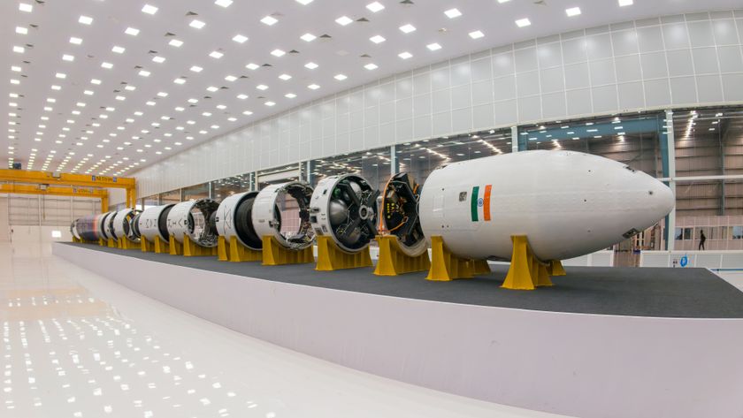 Skyroot Aerospace's Vikram-1 rocket is seen inside the company's Infinity Campus in Hyderabad, India.