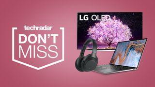 LG C1 OLED, Dell XPS laptop and Sony WH-1000XM4 headphones on pink background