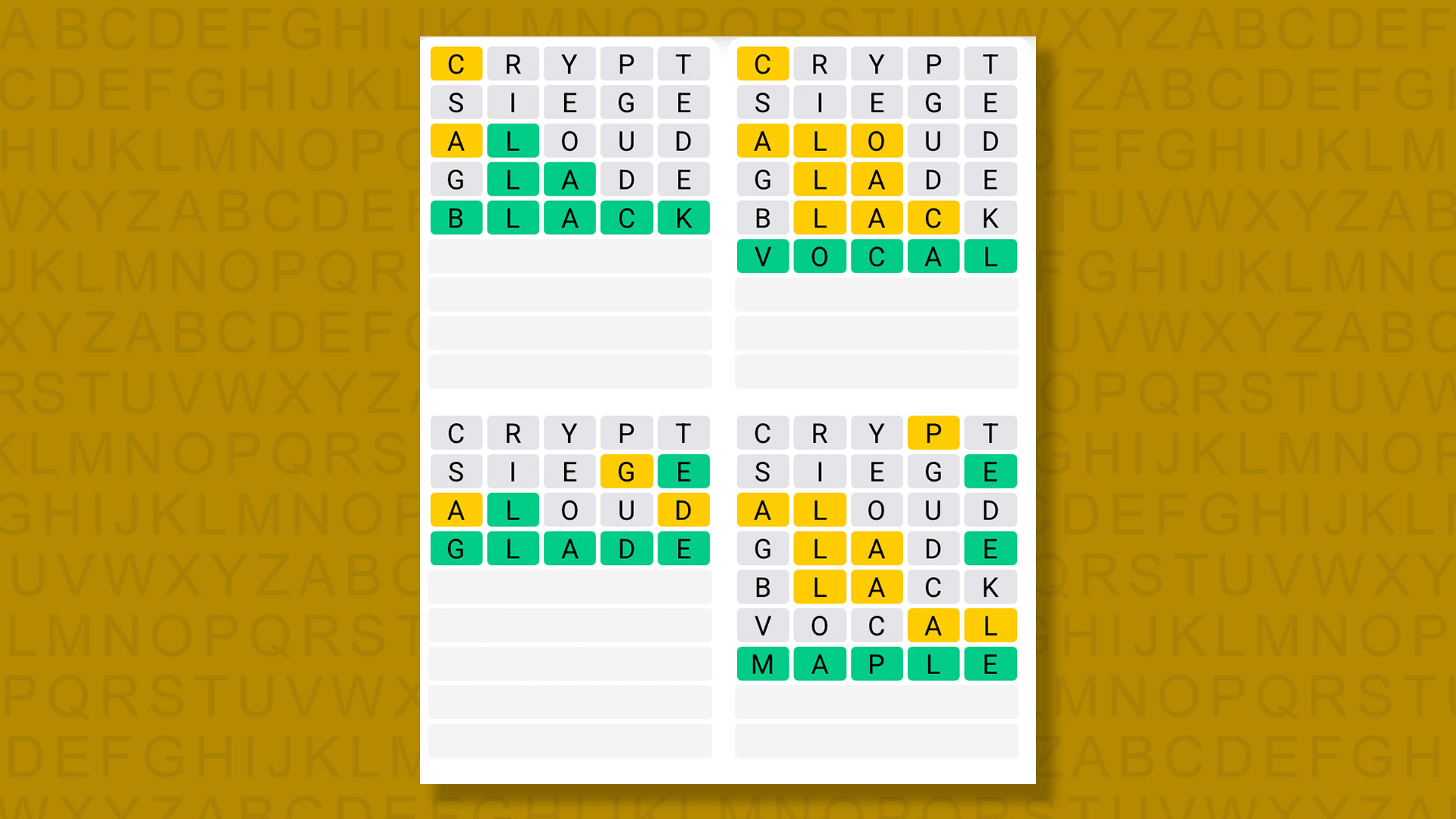 Quordle answers for game 1466 on a yellow background