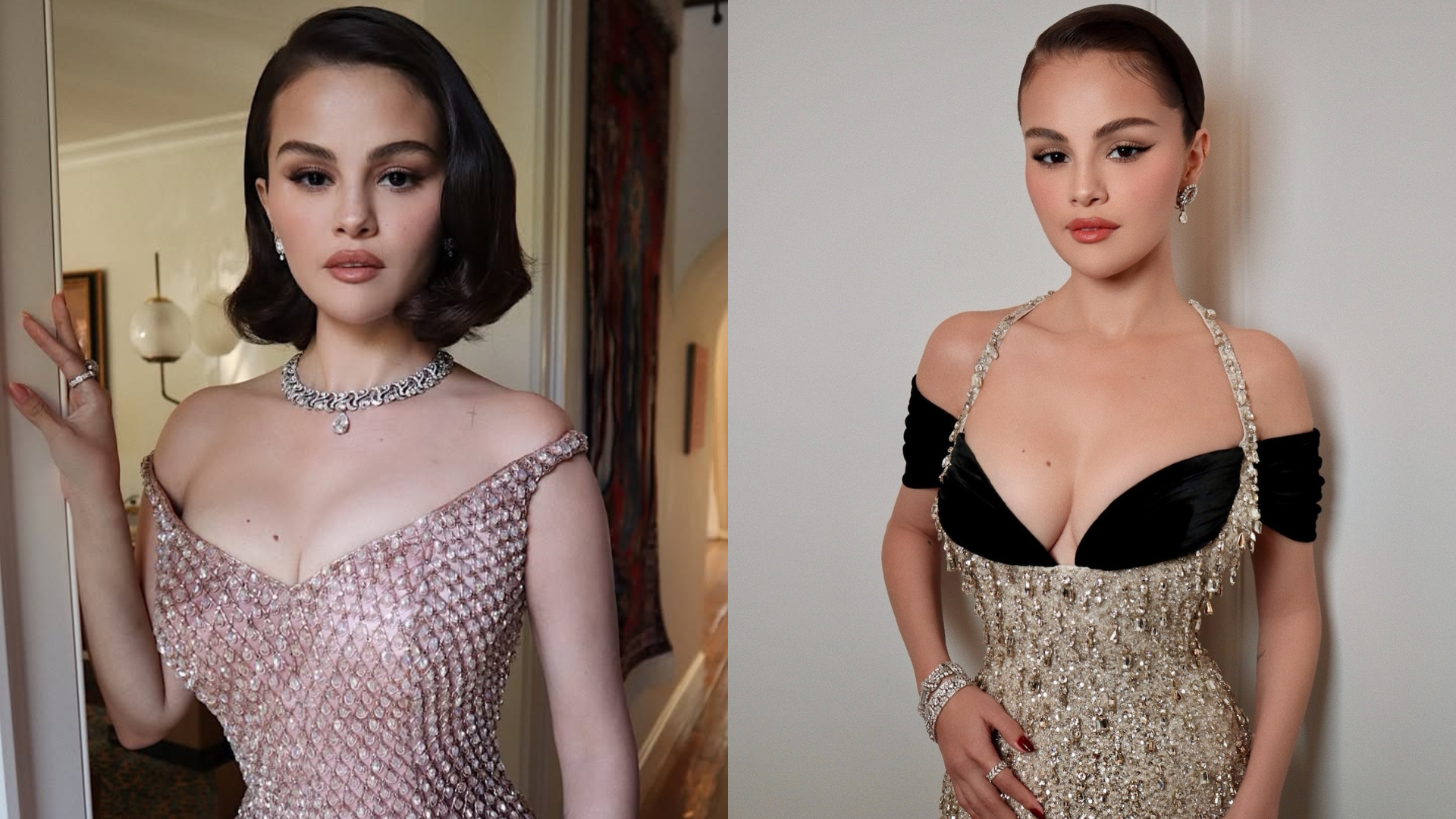 Photo collage of Selena Gomez with peach champagne and sparkling merlot manicures