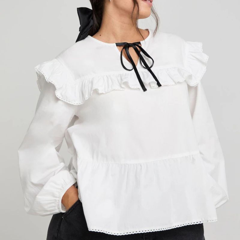 Simply Be, White Contrast Bow Collared Cotton Blouse