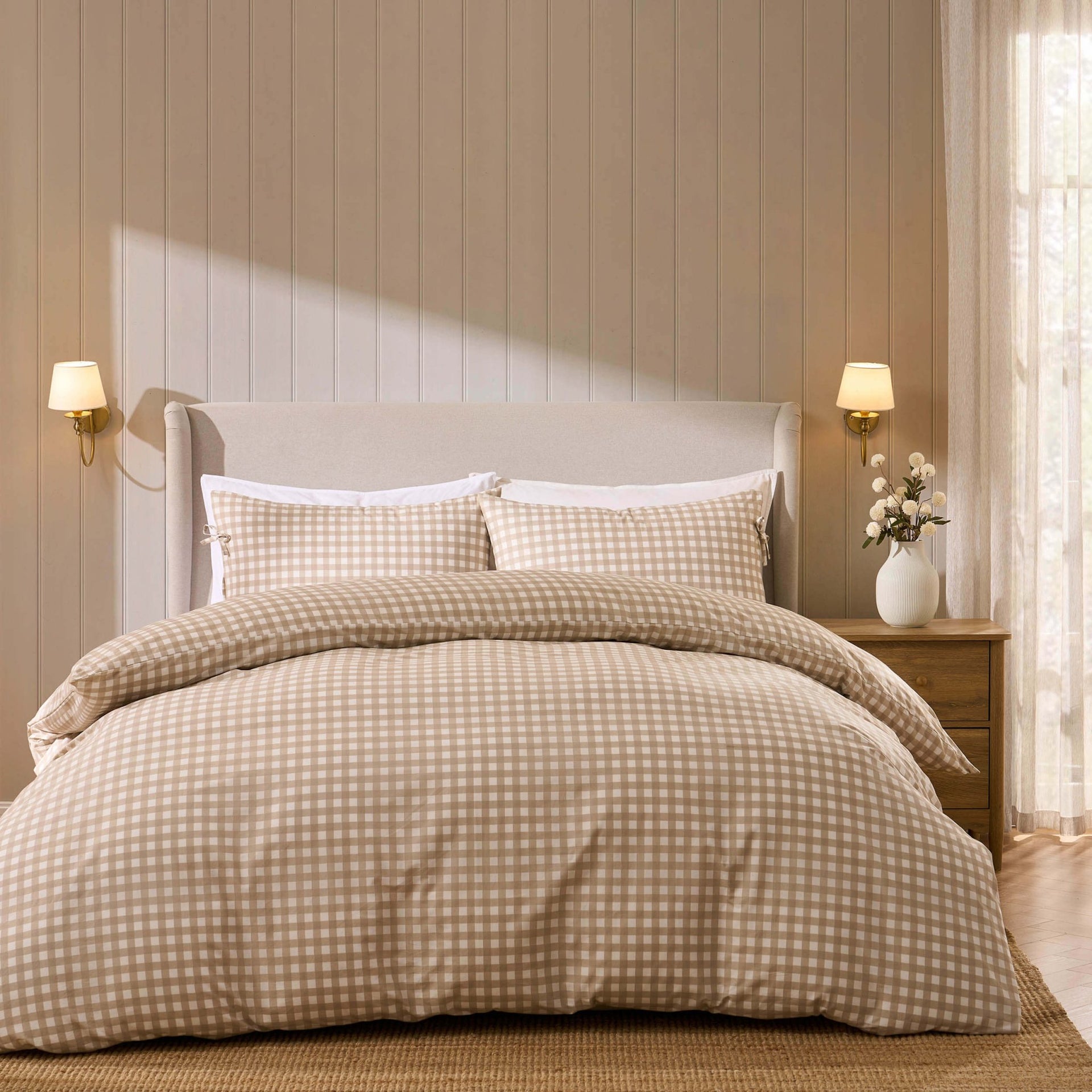 Gabriella Gingham 100% Cotton Duvet Cover and Pillowcase Set - Natural