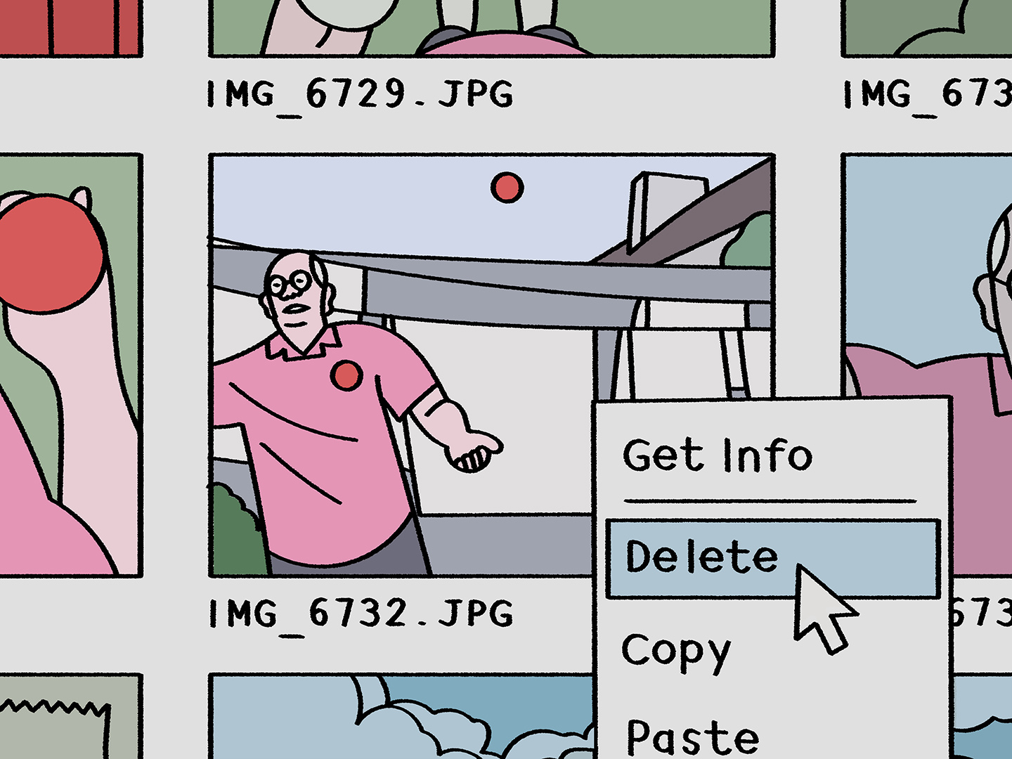 A still shot from the short, Oscar-nominated film, The Retirement Plan. The image shows the main character's digital image file and the cursor deleting a picture of him trying to juggle.