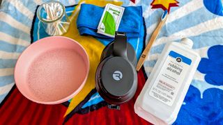 Selection of items required to clean sport headphones