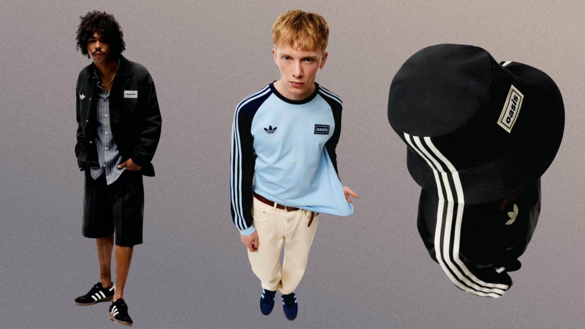 an image of three items in the collection against a grey - white gradient background. On the left is a black demin jacket, in the middle is a long-sleeved blue and navy top, the image on the right is an aerial view of a model wearing the navy bucket hat and track jacket
