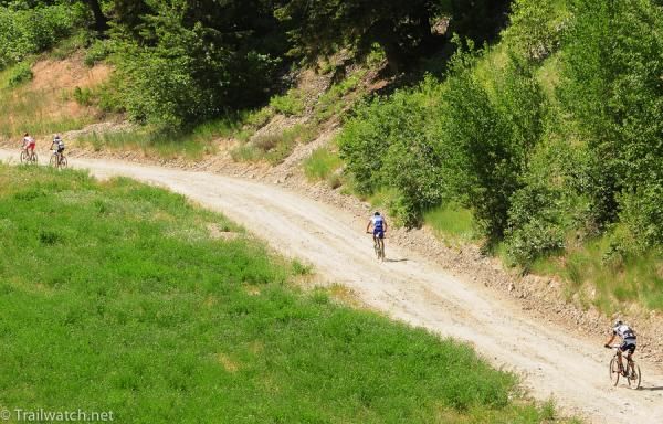 Todd Wells and Sam Schultz lead up the mountain on lap two. Adam Craig is third. Jeremy Horgan-Kobelski is fourth.