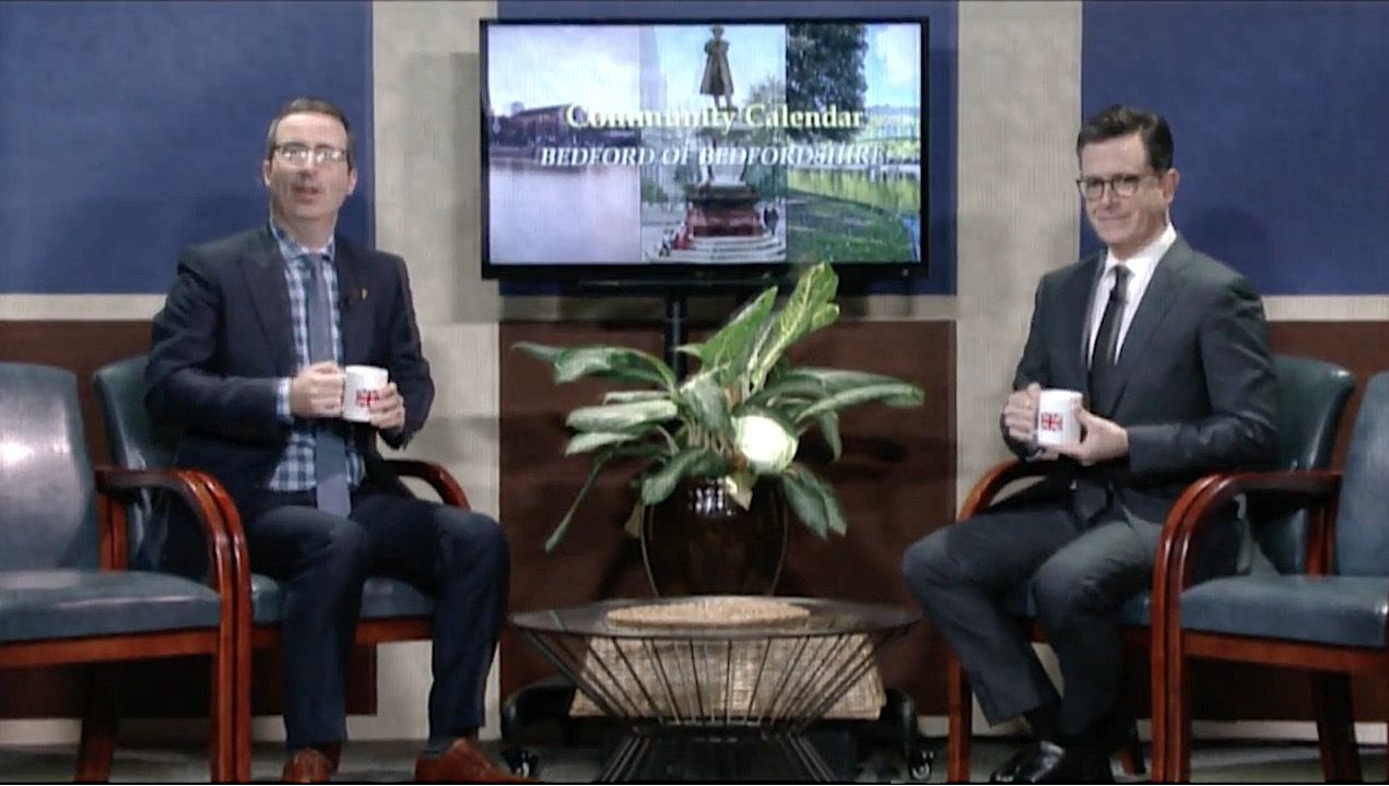 Stephen Colbert and John Oliver read a community calendar