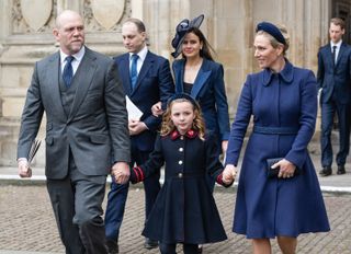Mia Tindall with Zara Tindall and Mike Tindall attend a memorial service for the Duke of Edinburgh