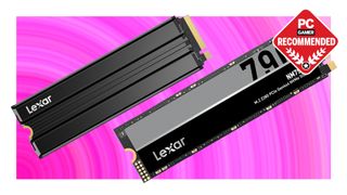 Two Lexar NM790 SSDs on a pink background with the PC Gamer Recommends logo in the top right.