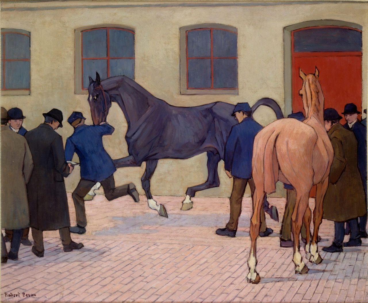 &#039;Showing at Tattersalls&#039;, c1919, by Robert Polhill Bevan (1865-1925). 23in x 28in; The Ashmolean Museum, Oxford.