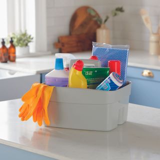 Cleaning caddy filled with cleaning products