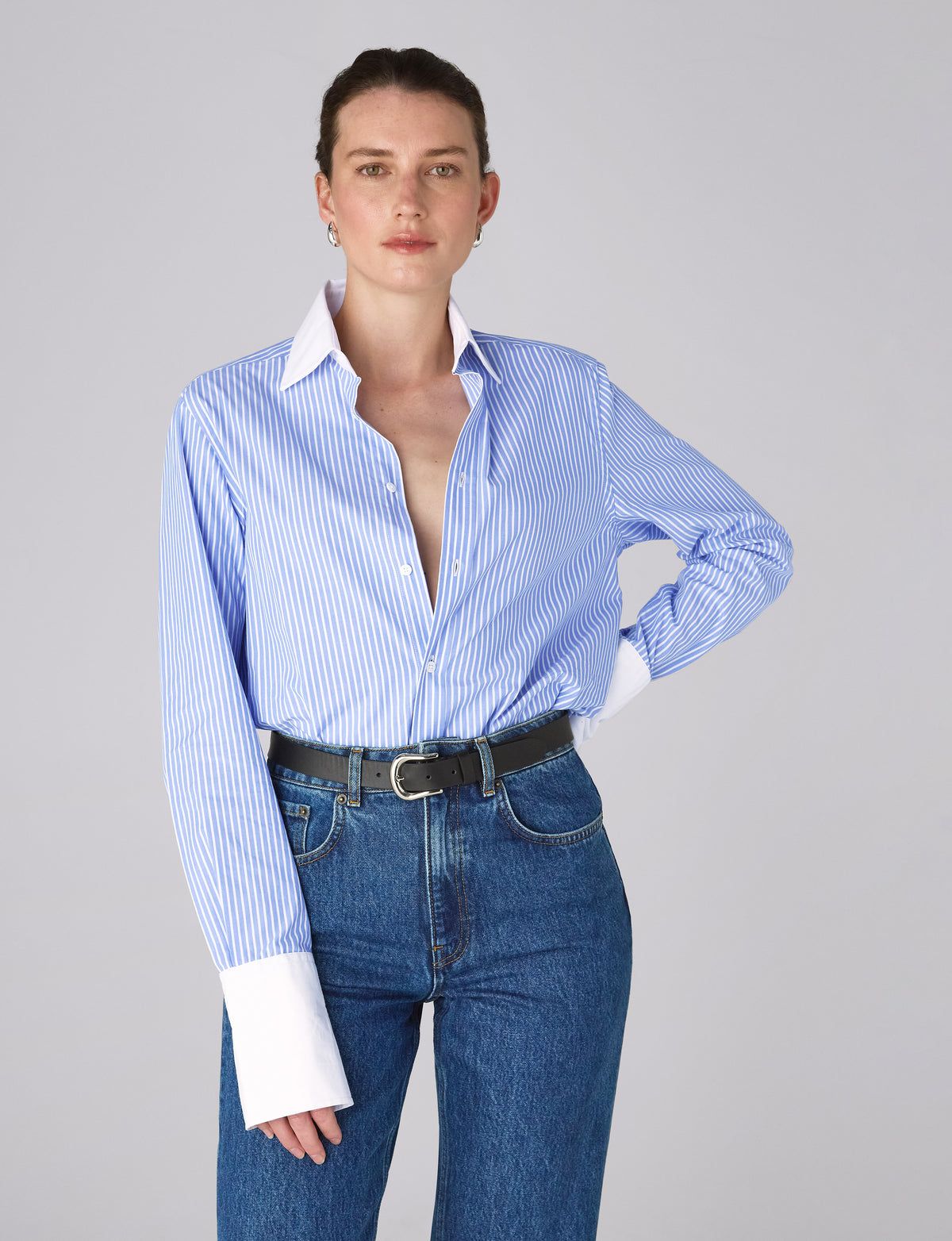 The Boyfriend Contrast Exaggerated Cuff and Collar: Fine Poplin, Inverted Pinstripe