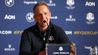 Luke Donald speaks to the media during the Ryder Cup 2023 Year to Go Media Event