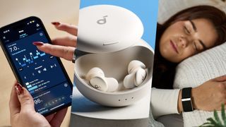 A split image: left, a close up of a hand checking her sleep metrics on a smartphone. Middle, the Soundcore a30 sleep earbuds in their case. Right, sleep tech expert Eve Davies lies in bed wearing an Apple Watch sleep tracker.