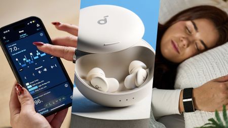 A split image: left, a close up of a hand checking her sleep metrics on a smartphone. Middle, the Soundcore a30 sleep earbuds in their case. Right, sleep tech expert Eve Davies lies in bed wearing an Apple Watch sleep tracker.