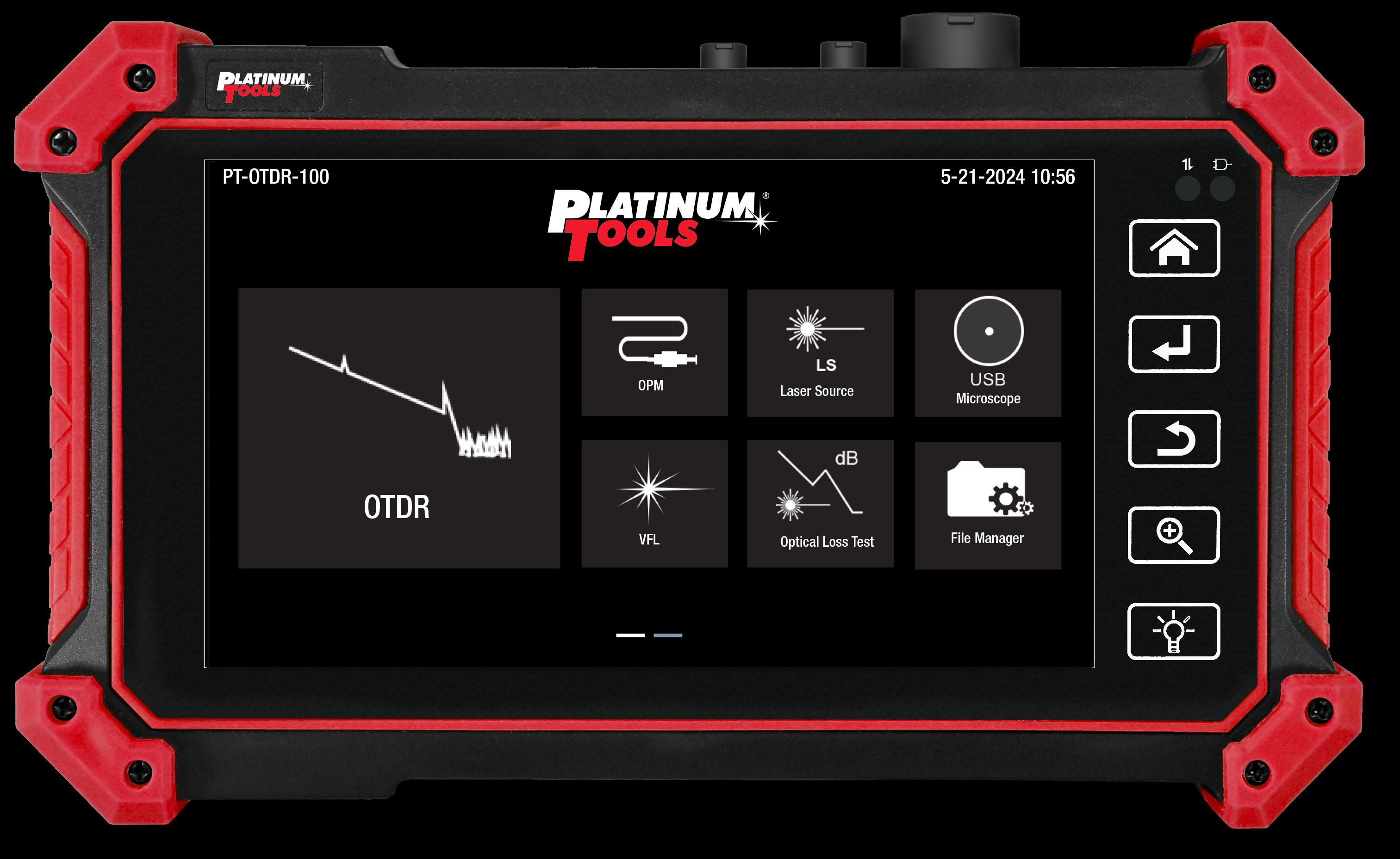 The New Mini OTDR Tester from Platinum Tools in red and black.