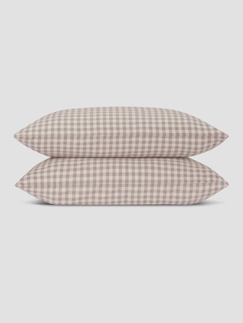 Mushroom Gingham 100% Linen Pillowcases 