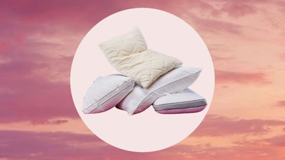 the best pillows in a pile on a pink background with a sunset and clouds