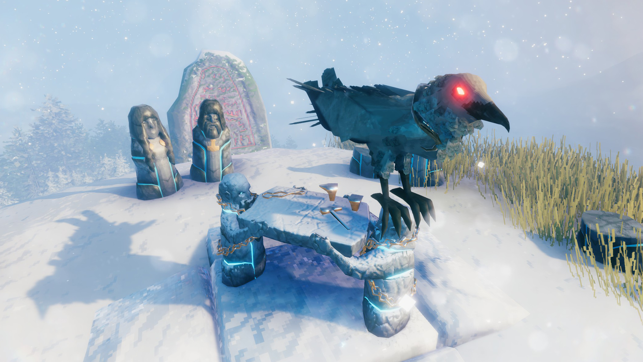 A large bird on a crafting table in snowy mountains