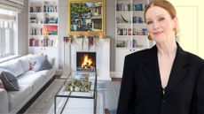 picture of modern home with large bookcase and cut out of Julianne Moore over top