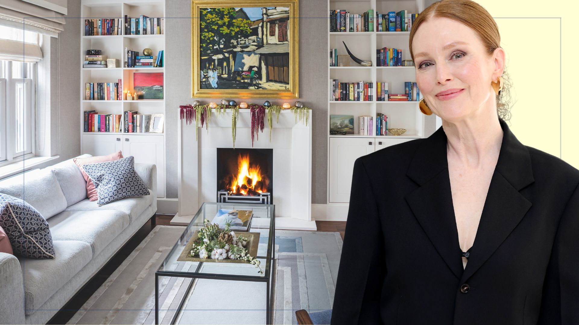 picture of modern home with large bookcase and cut out of Julianne Moore over top 
