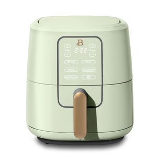 A Drew Barrymore Beautiful Air Fryer in Sage Green on a white background