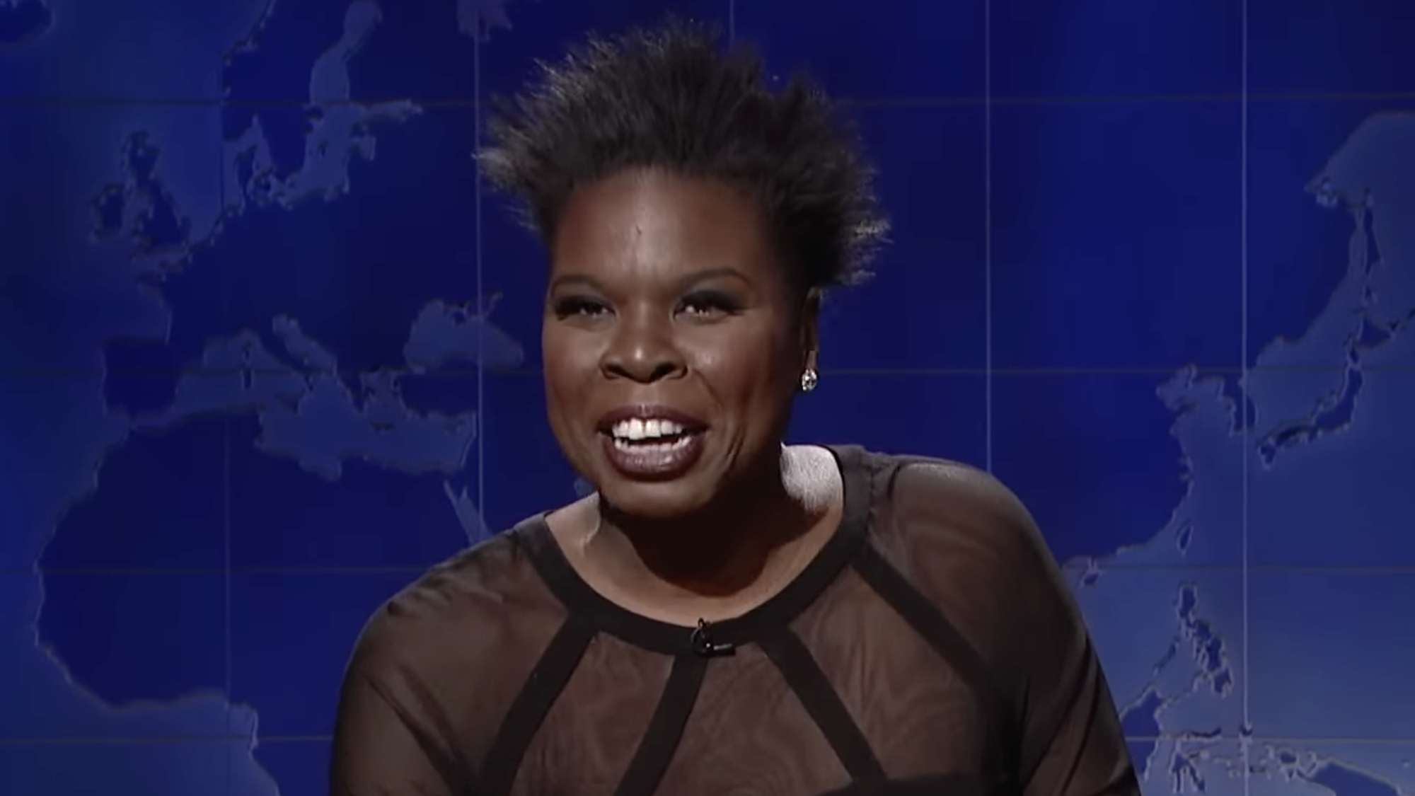 Leslie Jones appears on Weekend Update during an episode of Saturday Night Live.