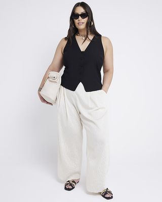 River Island, Plus Cream Wide Leg Stripe Trousers