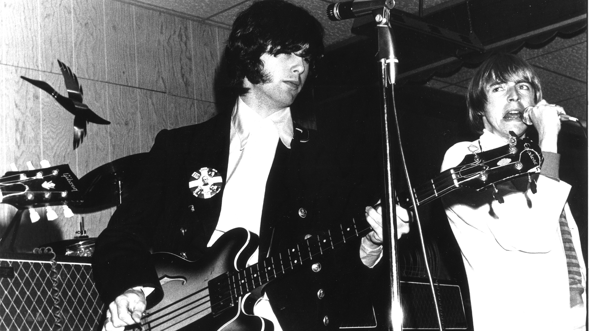 Guitarist Jimmy Page (left), singer Keith Relf and guitarist Jeff Beck (right) of the rock band &amp;quot;The Yardbirds&amp;quot; perform onstage at Green&#039;s Pavilion in Lakeview Park on August 10, 1966 in Manitou Beach, MI.