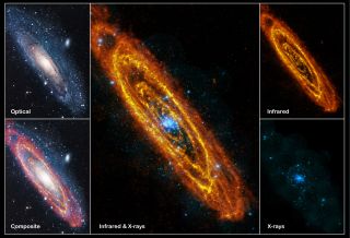 5 panels showing the andromeda galaxy in optical light, infrared and x-rays as well as a composite of all three.