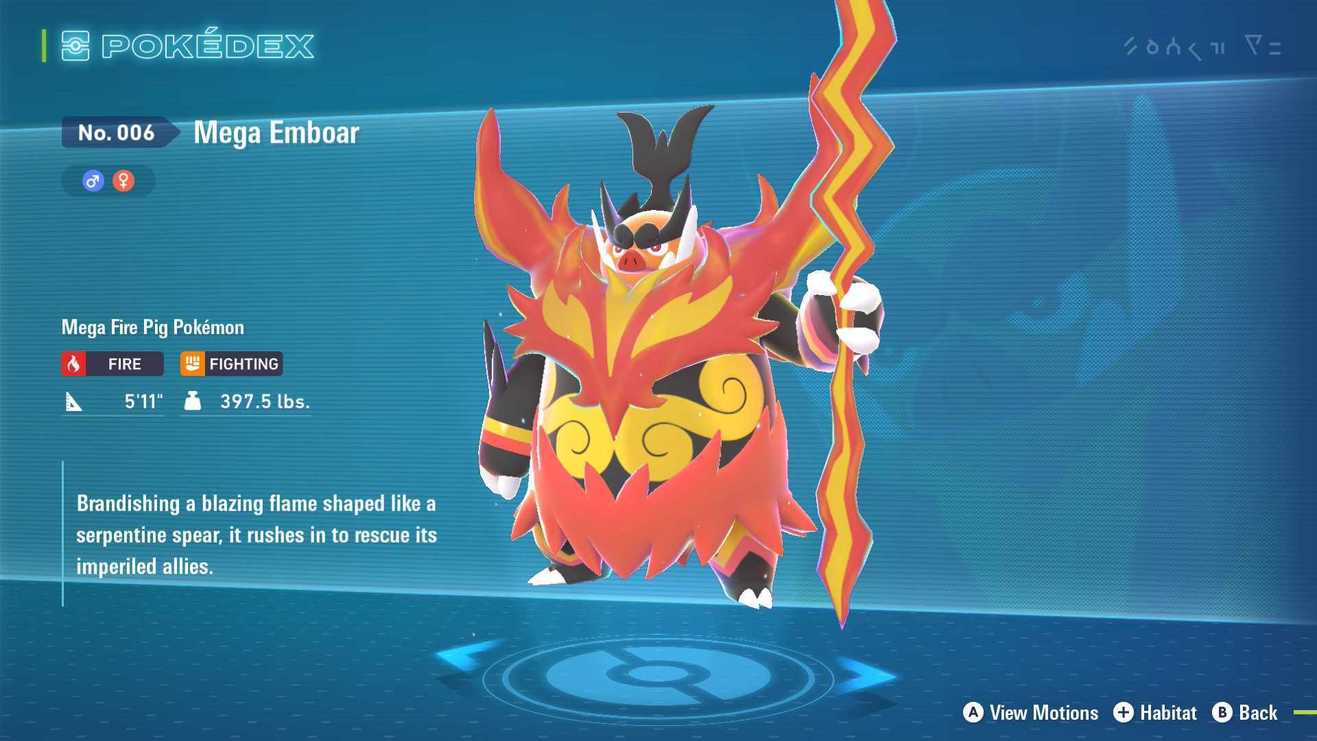 Mega Emboar Pokedex entry in Pokemon Legends: Z-A.