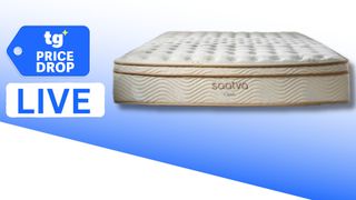 The Saatva Classic mattress on a blue and white background. To its left, there is a deals badge and the word LIVE spelt out on a white rectangle. 