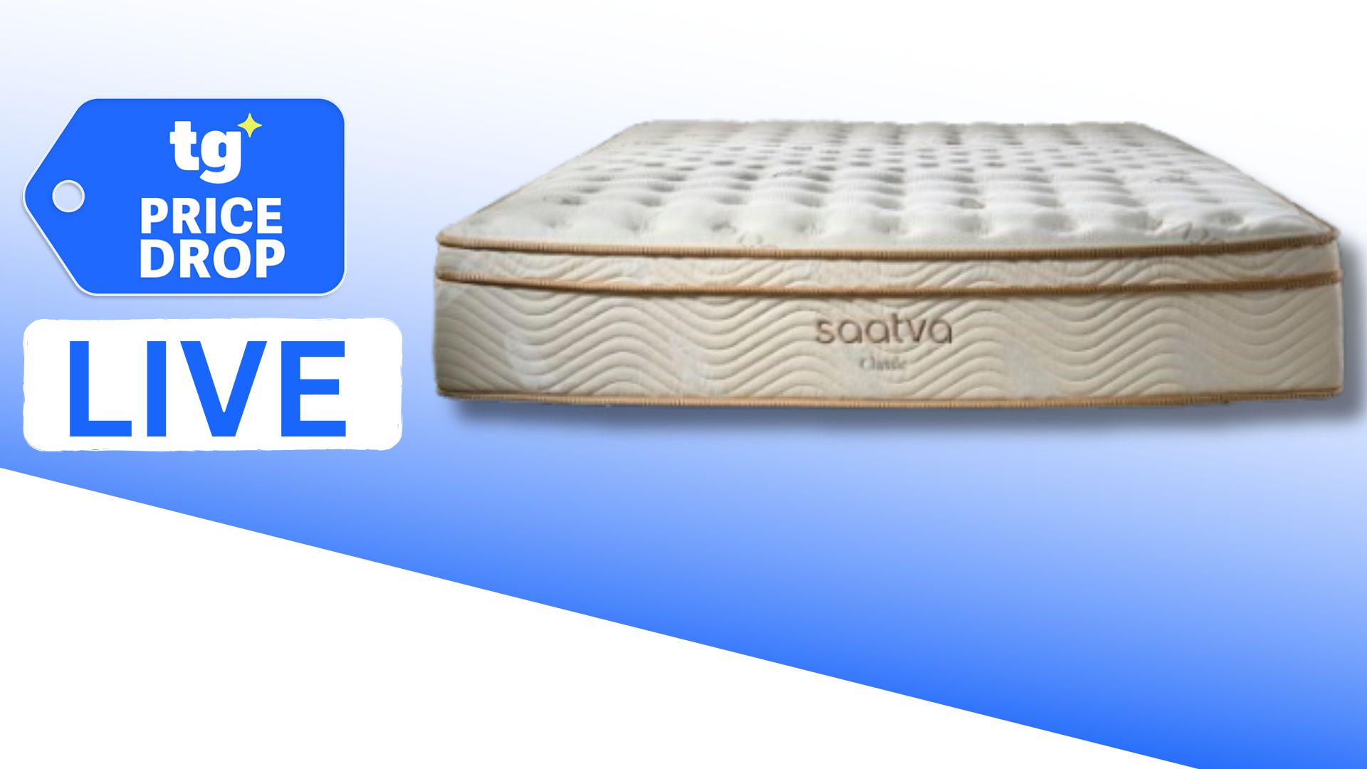 The Saatva Classic mattress on a blue and white background. To its left, there is a deals badge and the word LIVE spelt out on a white rectangle. 