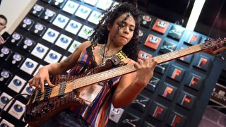  India bass prodigy, Mohini Dey, plays for an artist demo at the SIT Strings booth during the NAMM Show on January 25, 2019, at the Anaheim Convention Center in Anaheim, CA