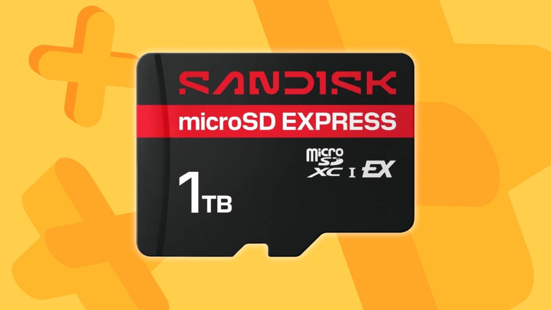 Image of the 1TB SanDisk microSD Express Card on a yellow GamesRadar+ background.
