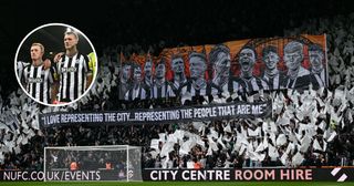 Local Newcastle United players are displayed on a giant banner in the Gallowgate End of the ground prior to the Premier League match between Newcastle United and Tottenham Hotspur at St. James Park on April 13, 2024 in Newcastle upon Tyne, England