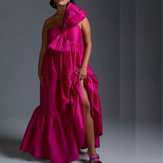 pink taffeta dress with bow neckline