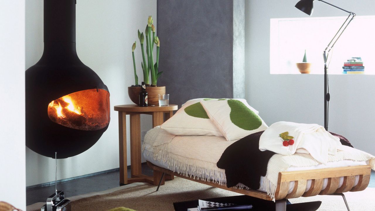 70s style interior with domed fireplace