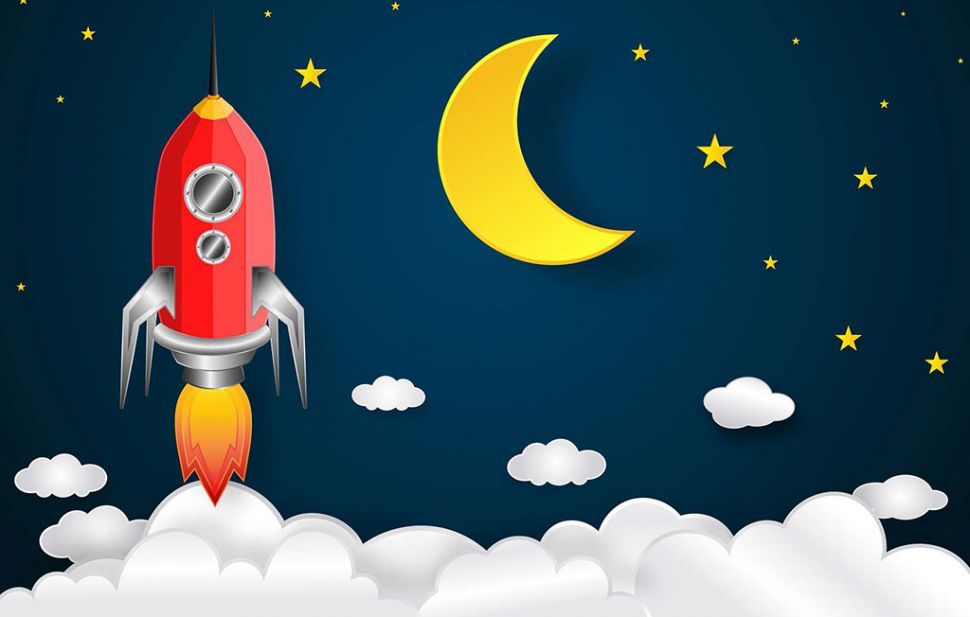 A cartoon rocket takes off with a large crescent moon in the background