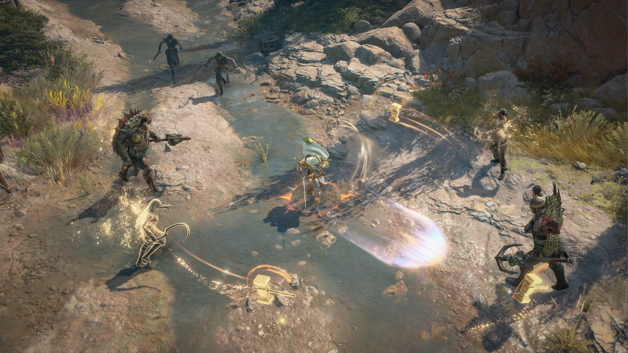 A promotional screenshot of the paladin class in Diablo 4: Lord of Hatred. A paladin character surrounded by monsters sends forth a blade of light and is surrounded by golden hammers.