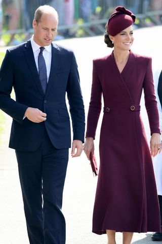 Prince William and Kate Middleton, who is wearing a burgundy coat dress as they arrive at St Davids Cathedral to commemorate the life of Her Late Majesty Queen Elizabeth II on the first anniversary of her passing on September 08, 2023 in St Davids, Wales.